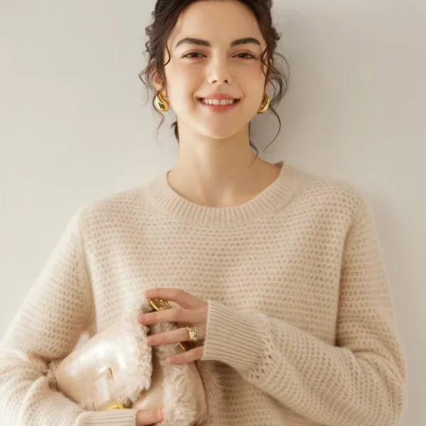 100% Pure Cashmere Knitted Sweater Women Long Sleeve round Neck Thickened Hollow out Knitwear Autumn Winter New Arrival