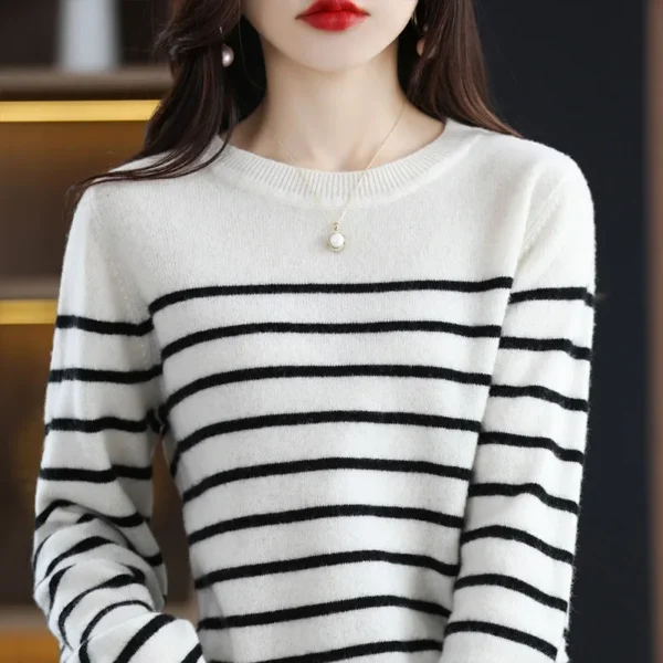 Autumn Winter New round Neck 100% Cashmere Women's Knitwear Loose Striped Wool Base Shirt Crew Neck Full Sleeve Chinese Origin - Image 4