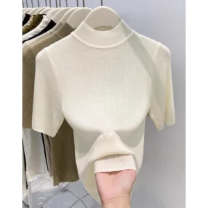 Slim Fit Half High Collar Short Sleeve Knitted Shirt Women's Summer New Style Base Layer Top Inner Wear White Color Knitwear