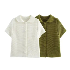 Simple Short Sleeve Pure Color Collar Buttoned Sweater for Women Autumn New Style Versatile Single Row Buckle Knitwear