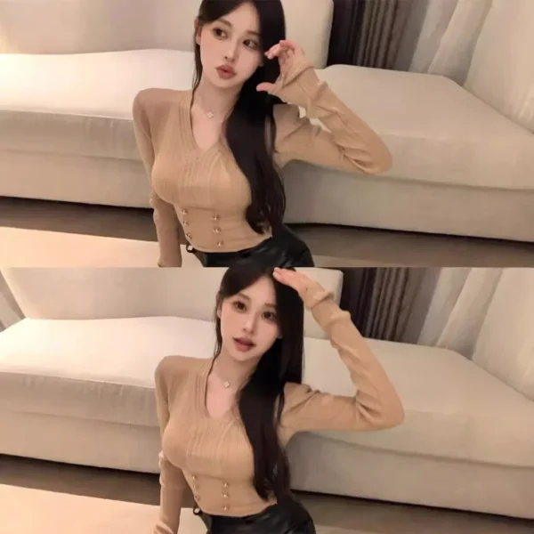 Women's V-Neck Long Sleeve Knitwear Short Style Waist-Cinching Slim Fit Design Base Shirt Pure Desire Autumn Winter Top - Image 2