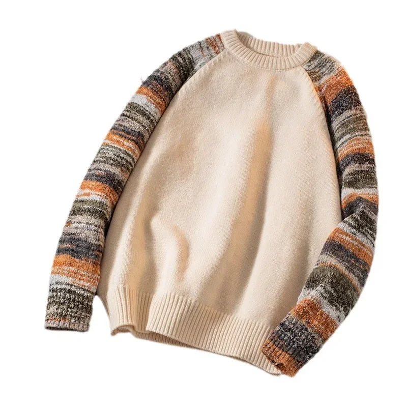 Trendy Patchwork Color Block Shoulder Insert Knitwear Loose round Neck Male Style Spring Autumn Lazy Couple Outerwear - Image 5