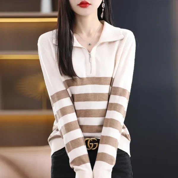 Women's Loose Fit Half Zip Knitwear Woolen Sweater Casual Striped Base Layer Top Full Sleeve Polyester Fiber Collared Jumper - Image 3