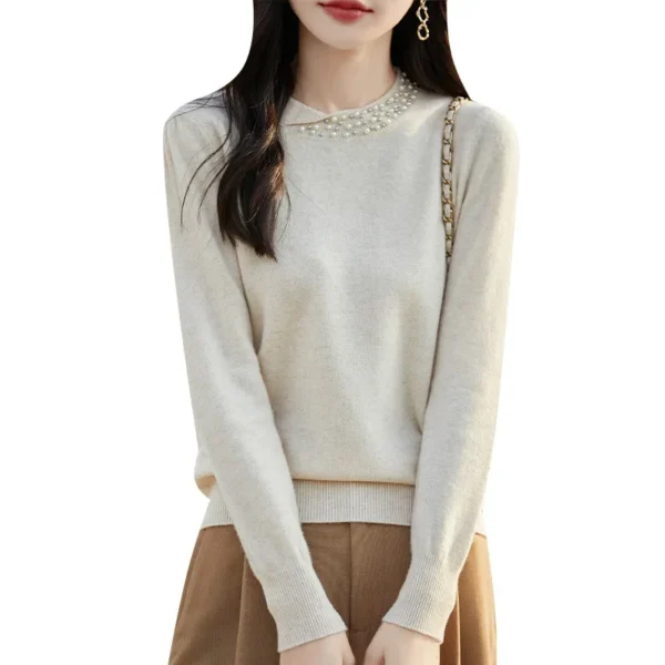 Early Autumn Hot Sale Of The Season French Style Pure Wool Knitwear Comfortable round Neck Heavy Embellished Base Layer Solid Co - Image 5