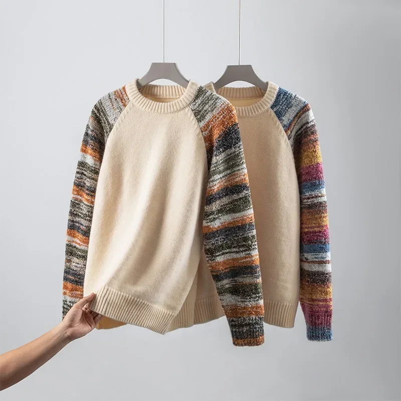 Trendy Patchwork Color Block Shoulder Insert Knitwear Loose round Neck Male Style Spring Autumn Lazy Couple Outerwear - Image 3