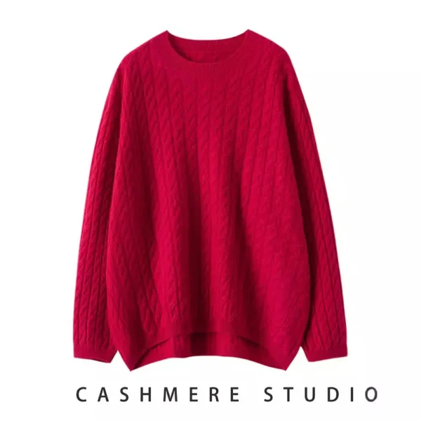Autumn Winter Ladies' Cashmere Sweater Loose Twisted Knitwear Slimming Meat Covering Fashionable Crew Neck Pullover - Image 5