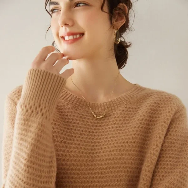 100% Pure Cashmere Knitted Sweater Women Long Sleeve round Neck Thickened Hollow out Knitwear Autumn Winter New Arrival - Image 4