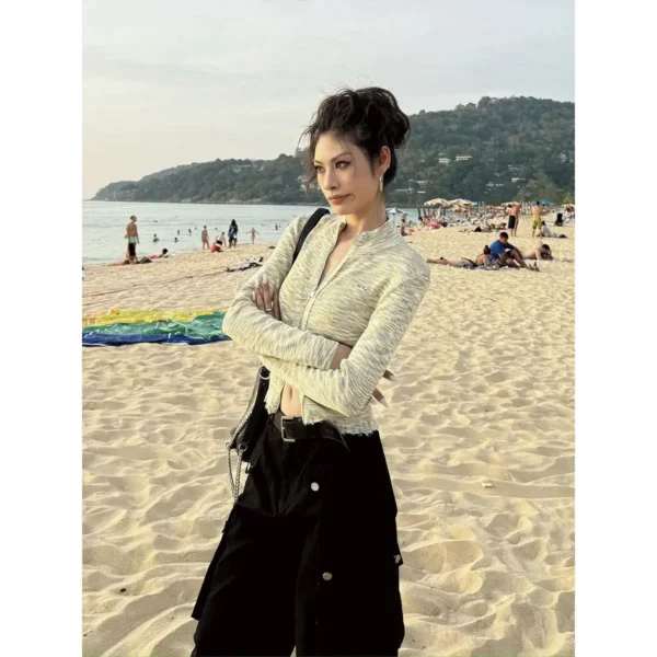 Slim Fit Wave Pattern Street Style Knitwear Stand Collar Hot Girl Top Summer Thin Model Chinese Mainland Production