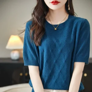 Elegant Crew Neck Knitwear Short Sleeve Women's T-Shirt Heavy Embroidery round Neck Base Shirt Inner Wear Polyester Fiber