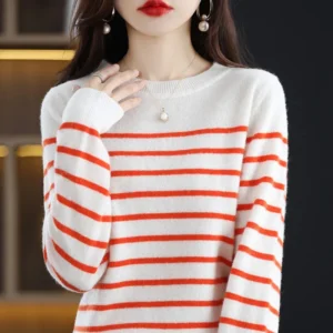 Autumn Winter New round Neck 100% Cashmere Women's Knitwear Loose Striped Wool Base Shirt Crew Neck Full Sleeve Chinese Origin