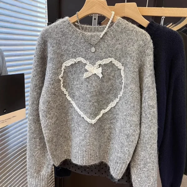 Loose Crew Neck Lace Heart Sweater Women's Fashion Autumn Winter New Style Korean round Neck Pullover Soft Comfortable Knitwear - Image 3