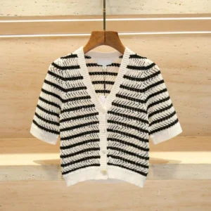 French Romantic Black White Color Block Striped Knitwear Short Top for Women Summer Design Sense Diamond Embellished