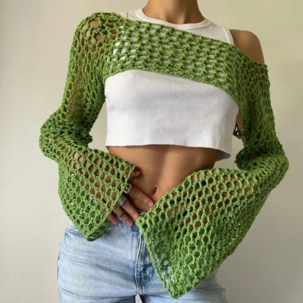 2024 Autumn New Women's Cropped Flare Sleeve Sweater Casual Sexy Mesh Cover Up Trendy Knitwear Fashionable Wear-It-Now - Image 4