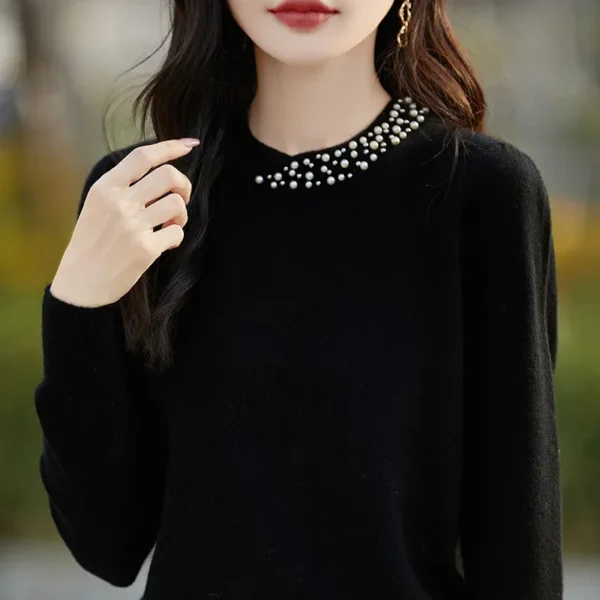 Early Autumn Hot Sale Of The Season French Style Pure Wool Knitwear Comfortable round Neck Heavy Embellished Base Layer Solid Co - Image 3
