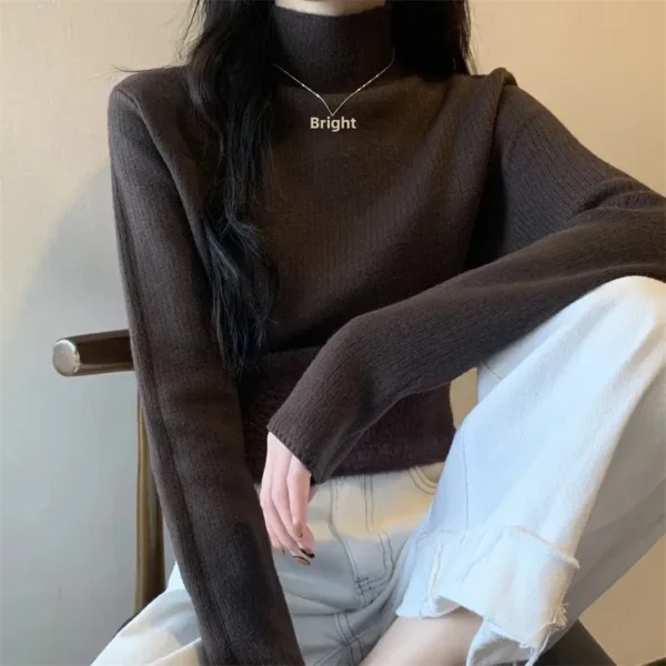 Fleece Lined Thickened Knitwear Women's Autumn Winter Slim Fit Half High Collar Base Shirt Inner Wear Knitted Sweater - Image 3