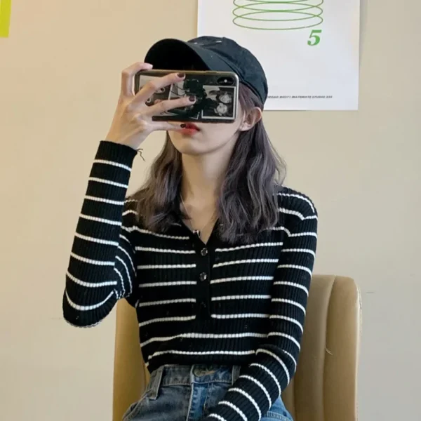 Slim Fit Striped Knitwear Top for Women Spring Autumn Korean Style Basic Essential Sweater Student Fashionable Base Shirt - Image 2