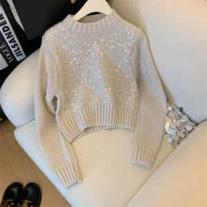 French Shiny Sequin Knitwear Top Women's Short round Neck Heavy Embroidery Autumn Winter New Lazy Style Sweater