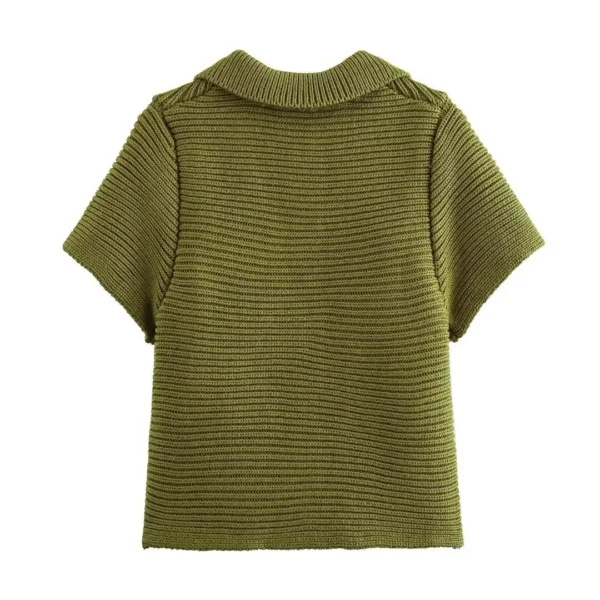 Simple Short Sleeve Pure Color Collar Buttoned Sweater for Women Autumn New Style Versatile Single Row Buckle Knitwear - Image 3
