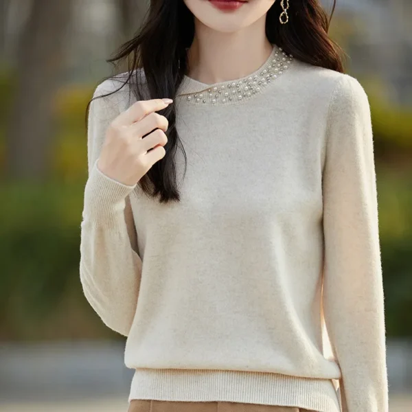 Early Autumn Hot Sale Of The Season French Style Pure Wool Knitwear Comfortable round Neck Heavy Embellished Base Layer Solid Co - Image 4