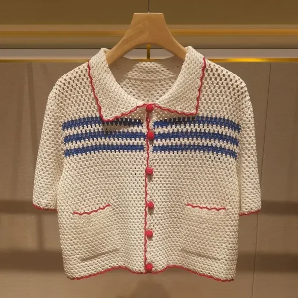 Summer New Elegant Polo Neck Knitted Sweater Women's Hollow out Crochet Style Thin Fashionable Short Lady's Knitwear