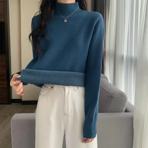 Fleece Lined Thickened Knitwear Women's Autumn Winter Slim Fit Half High Collar Base Shirt Inner Wear Knitted Sweater - Image 5