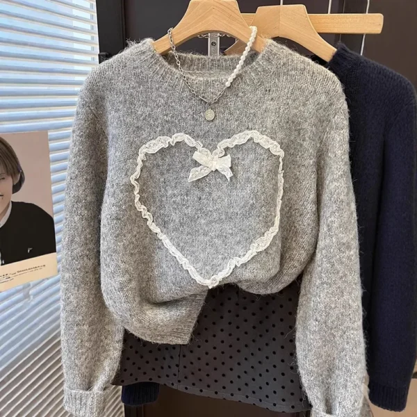 Loose Crew Neck Lace Heart Sweater Women's Fashion Autumn Winter New Style Korean round Neck Pullover Soft Comfortable Knitwear - Image 2