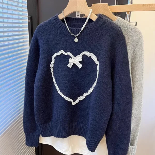 Loose Crew Neck Lace Heart Sweater Women's Fashion Autumn Winter New Style Korean round Neck Pullover Soft Comfortable Knitwear - Image 4