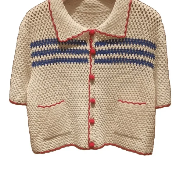 Summer New Elegant Polo Neck Knitted Sweater Women's Hollow out Crochet Style Thin Fashionable Short Lady's Knitwear - Image 5