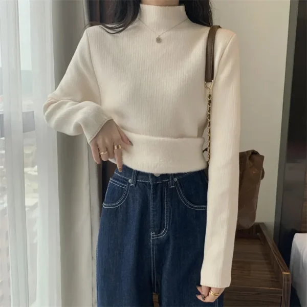 Fleece Lined Thickened Knitwear Women's Autumn Winter Slim Fit Half High Collar Base Shirt Inner Wear Knitted Sweater - Image 2