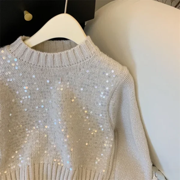 French Shiny Sequin Knitwear Top Women's Short round Neck Heavy Embroidery Autumn Winter New Lazy Style Sweater - Image 2