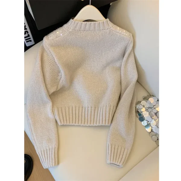 French Shiny Sequin Knitwear Top Women's Short round Neck Heavy Embroidery Autumn Winter New Lazy Style Sweater - Image 5