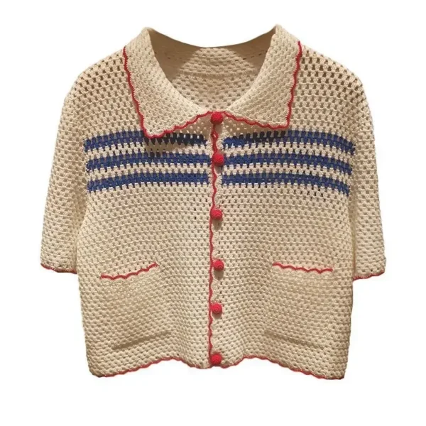 Summer New Elegant Polo Neck Knitted Sweater Women's Hollow out Crochet Style Thin Fashionable Short Lady's Knitwear - Image 4