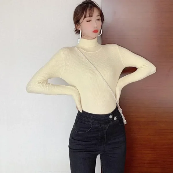 Spring Hot Sale Of The Season Women's High Collar Long Sleeve Knitwear Slim Fit Solid Color Top Trendy Base Shirt Fashionable Fe - Image 3