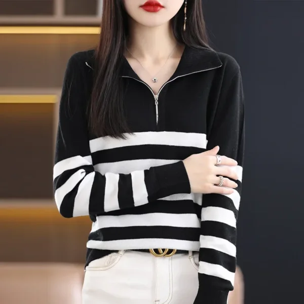 Women's Loose Fit Half Zip Knitwear Woolen Sweater Casual Striped Base Layer Top Full Sleeve Polyester Fiber Collared Jumper - Image 4