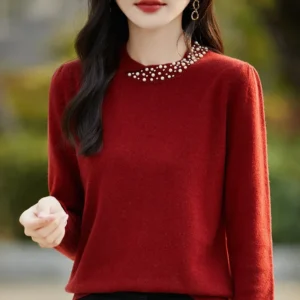 Early Autumn Hot Sale Of The Season French Style Pure Wool Knitwear Comfortable round Neck Heavy Embellished Base Layer Solid Co