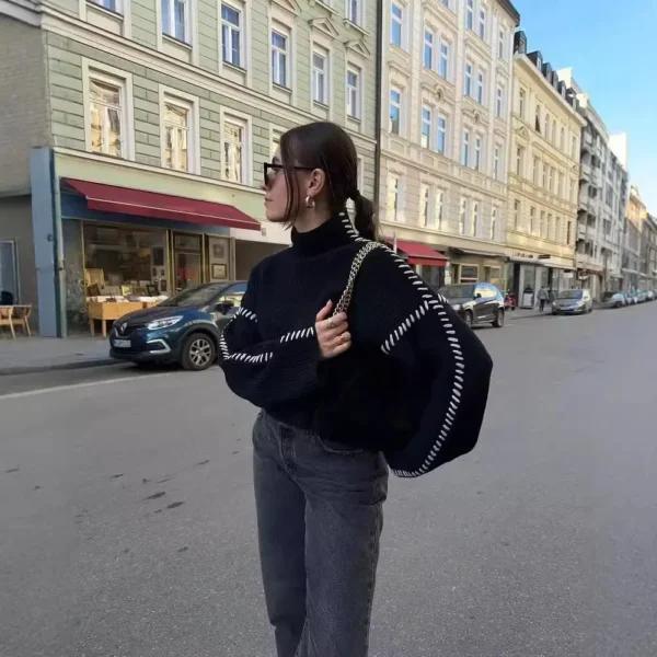 Street Fashion High Collar Color Block Sweater Autumn Winter New Arrival Women's Overhead Knitwear Cross-Border Design 2198 - Image 2