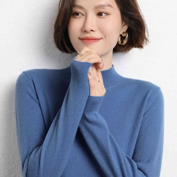 Autumn Winter Short Sleeve Long Sleeve Knitted Sweater Women's Base Layer Half High Collar Loose Fit Solid Color Flat Knitwear - Image 3