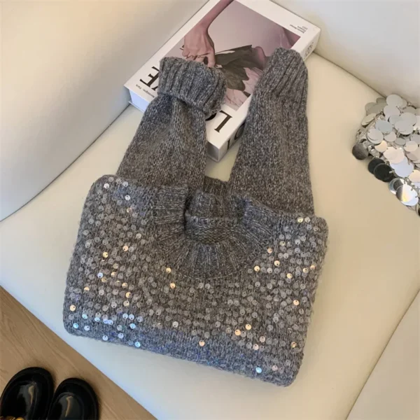 French Shiny Sequin Knitwear Top Women's Short round Neck Heavy Embroidery Autumn Winter New Lazy Style Sweater - Image 4