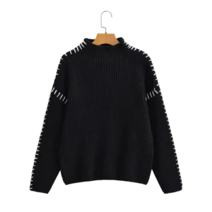 Street Fashion High Collar Color Block Sweater Autumn Winter New Arrival Women's Overhead Knitwear Cross-Border Design 2198