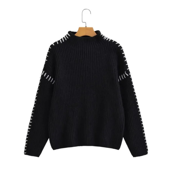 Street Fashion High Collar Color Block Sweater Autumn Winter New Arrival Women's Overhead Knitwear Cross-Border Design 2198