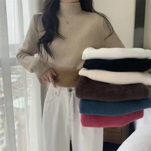 Fleece Lined Thickened Knitwear Women's Autumn Winter Slim Fit Half High Collar Base Shirt Inner Wear Knitted Sweater