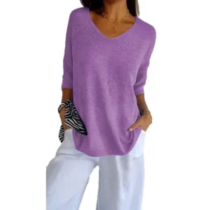 Basic Style V-Neck Seven-Quarter Sleeve Pure Color Knitted Sweater Women Slim Fit Casual Summer Thin Knitwear Top