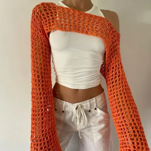 2024 Autumn New Women's Cropped Flare Sleeve Sweater Casual Sexy Mesh Cover Up Trendy Knitwear Fashionable Wear-It-Now - Image 3