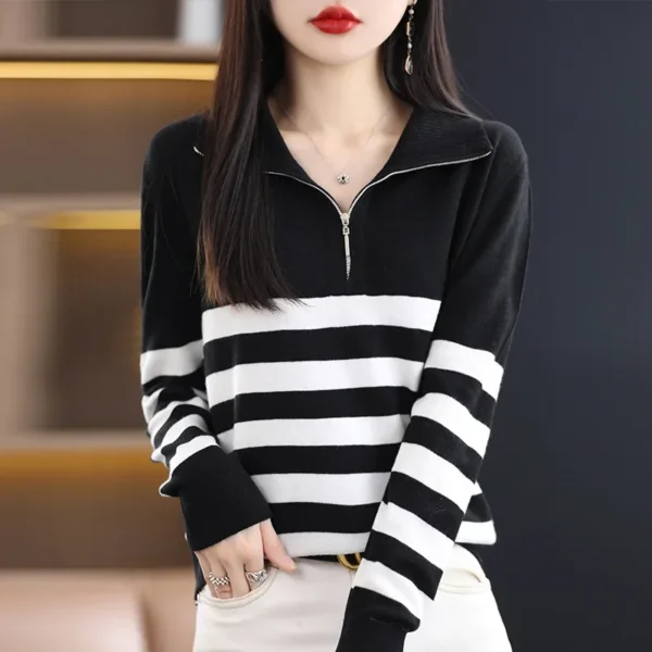 Women's Loose Fit Half Zip Knitwear Woolen Sweater Casual Striped Base Layer Top Full Sleeve Polyester Fiber Collared Jumper - Image 2