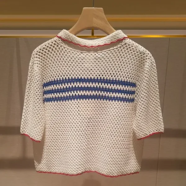 Summer New Elegant Polo Neck Knitted Sweater Women's Hollow out Crochet Style Thin Fashionable Short Lady's Knitwear - Image 2