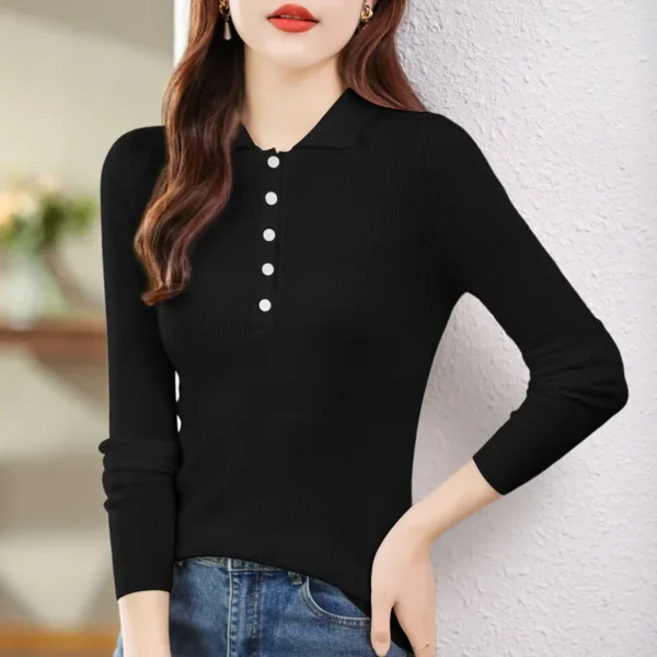 Slim Fit Pure Wool Polo Neck Knitwear Solid Color Base Layer Shirt for Women Autumn Winter New Style Fashionable Casual Top - Image 2