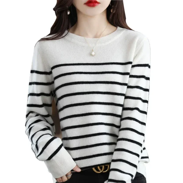Autumn Winter New round Neck 100% Cashmere Women's Knitwear Loose Striped Wool Base Shirt Crew Neck Full Sleeve Chinese Origin - Image 5