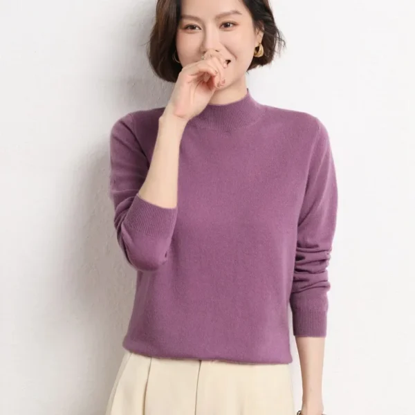 Autumn Winter Short Sleeve Long Sleeve Knitted Sweater Women's Base Layer Half High Collar Loose Fit Solid Color Flat Knitwear - Image 4