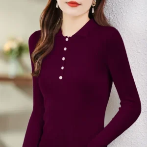Slim Fit Pure Wool Polo Neck Knitwear Solid Color Base Layer Shirt for Women Autumn Winter New Style Fashionable Casual Top