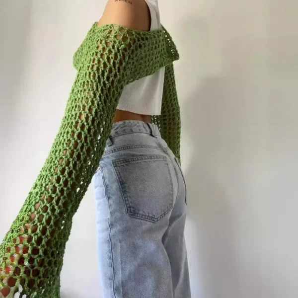 2024 Autumn New Women's Cropped Flare Sleeve Sweater Casual Sexy Mesh Cover Up Trendy Knitwear Fashionable Wear-It-Now - Image 2